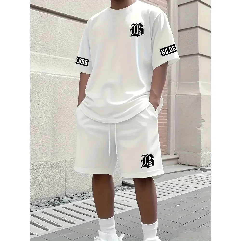 Summer New Men's Suit 3d Letter Print Pattern Short Sleeves and Shorts Asual and Fashionable T-shirt Set