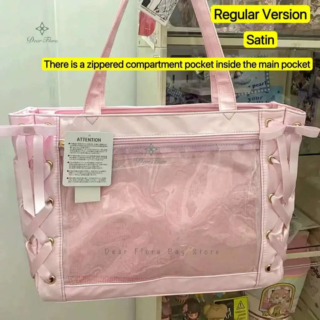 Japanese Sweet Women Ribbon Ita Bag Cute Lolita Girl Transparent Handbags Fashion Large Capacity Tote Bag Aesthetic Shoulder Bag