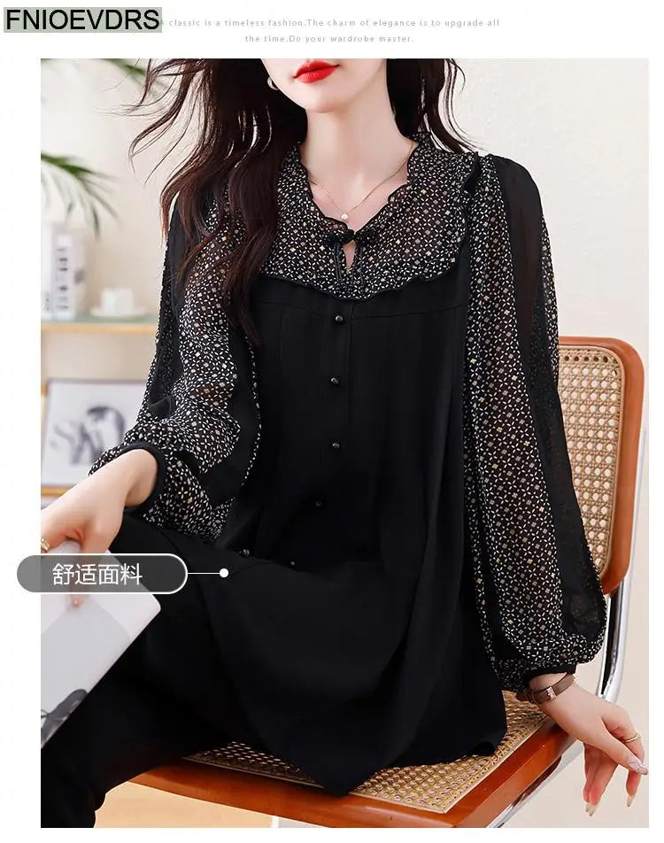 Loose Clothes Women 2024 Autumn Elegant Office Lady Casual Button Shirts Fake Two Piece Retro Vintage Bling Tops Blouses