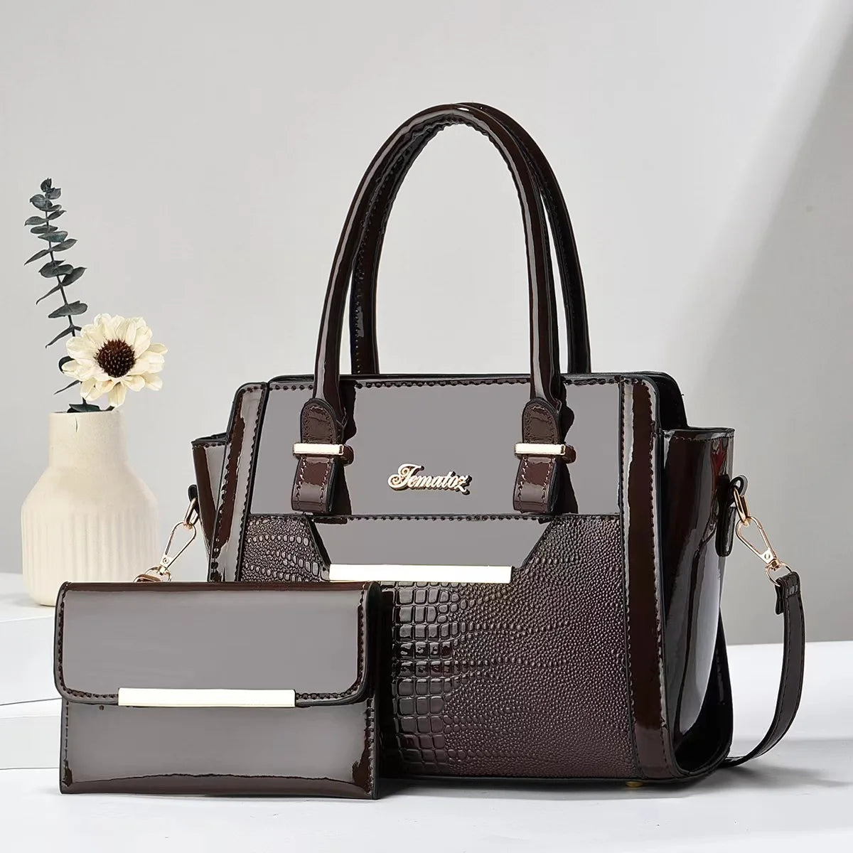 Casual shoulder women's bag simple large-capacity mother and child bag bright leather fashion portable two-piece bag