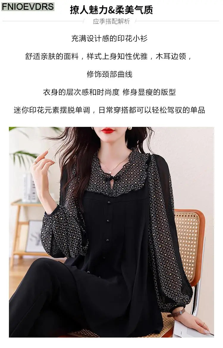 Loose Clothes Women 2024 Autumn Elegant Office Lady Casual Button Shirts Fake Two Piece Retro Vintage Bling Tops Blouses