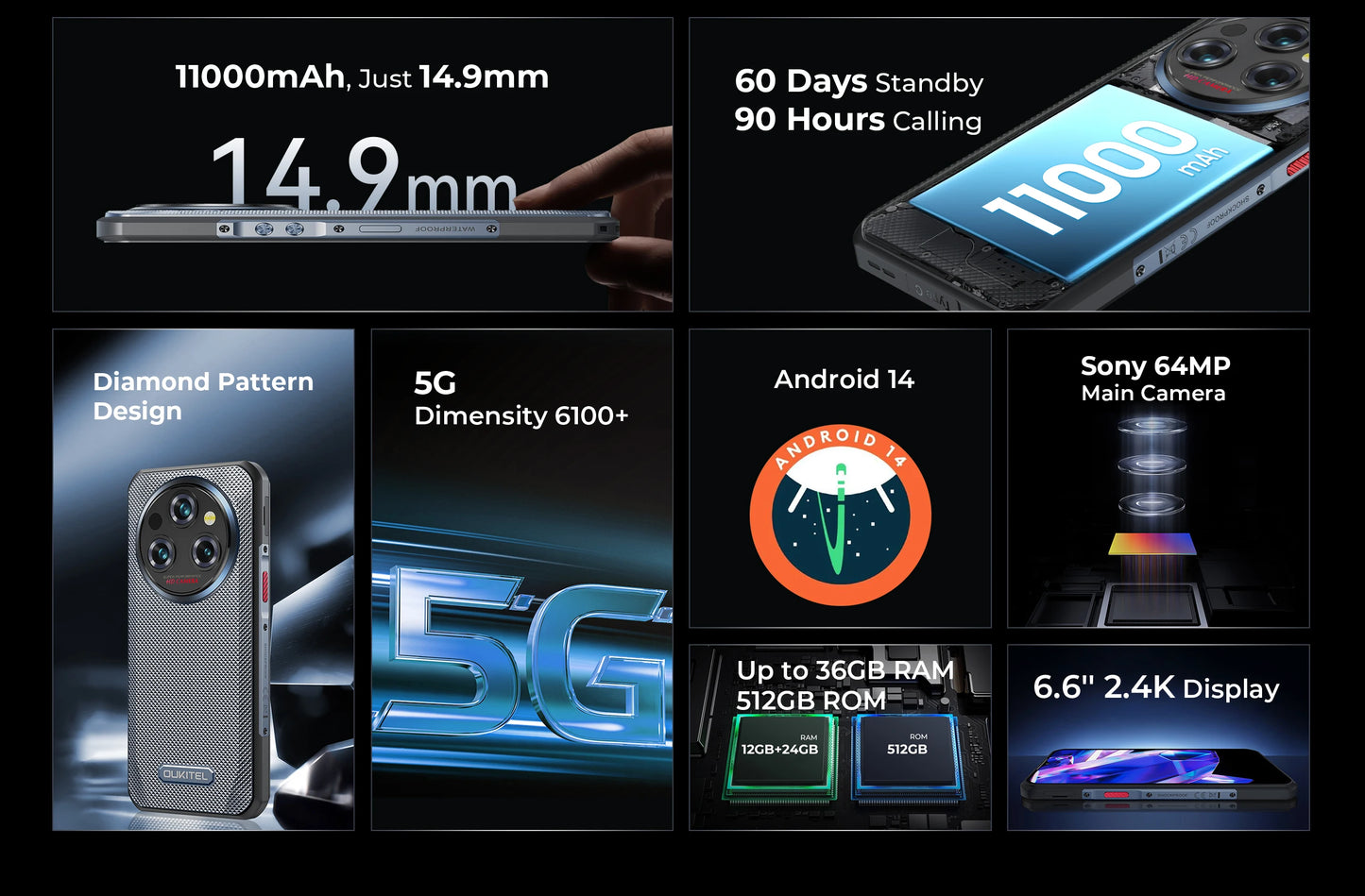 Oukitel WP35 PRO 5G Rugged Smartphone 11000mAh MediaTek Dimensity 6300 36GB 512GB 6.6" 2.4K Display 64MP Camera 33W Cell Phone