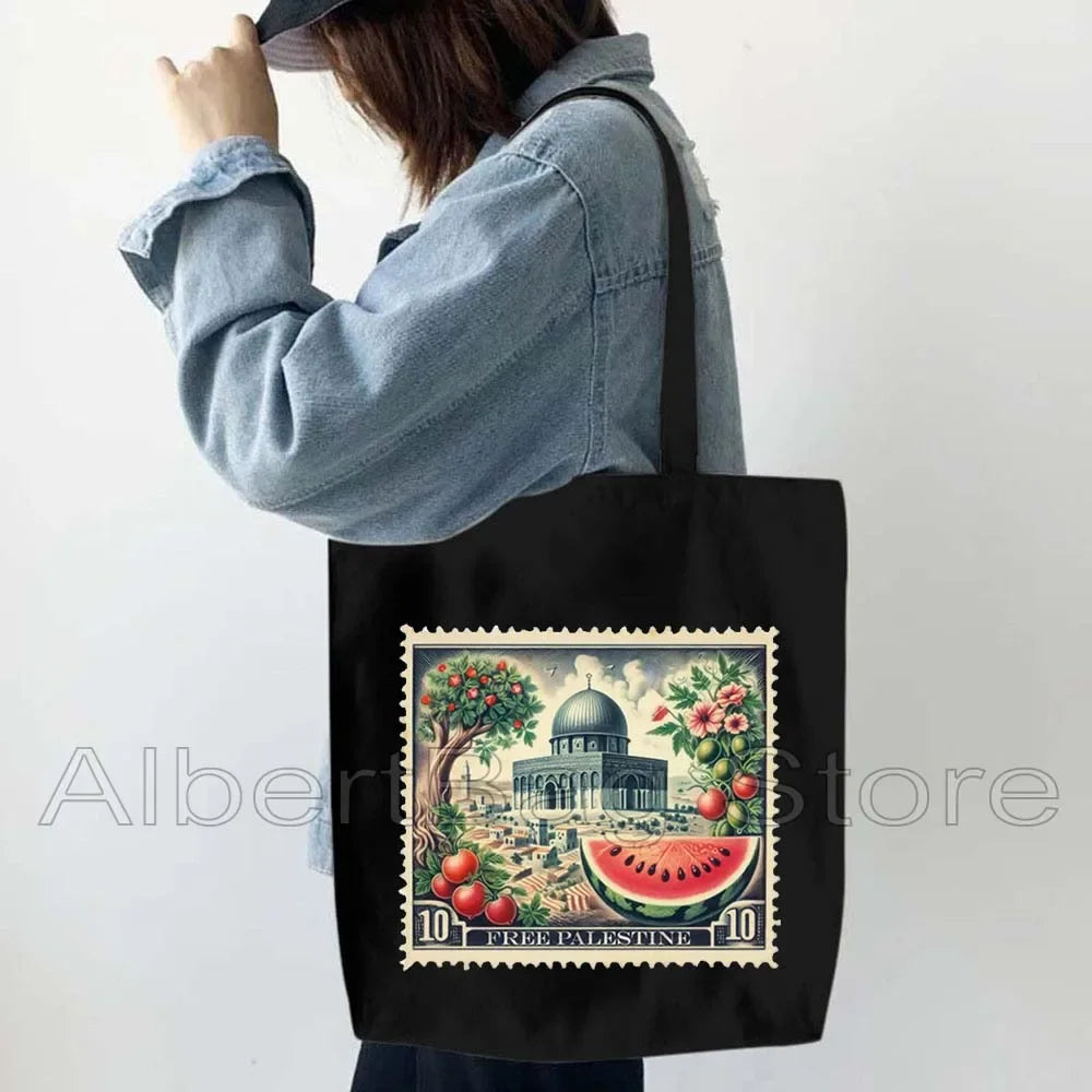 Peace Gifts Al Aqsa Keffiyeh Canvas Tote Bags Olive Tree Jerusalem Dome of The Rock Shopping Fashion Shoulder Organizer Handbag