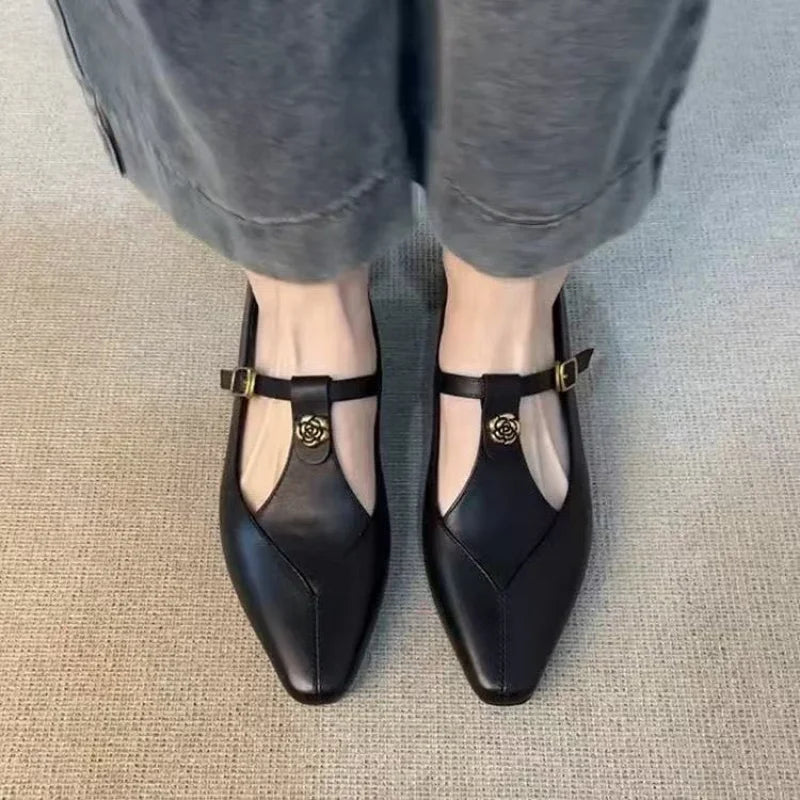 2025 New Vintage Women's Leather Mary Jane Pumps - Pointed-Toe Gold Floral Buckle T-Strap Low Heel Office & Daily Shoes