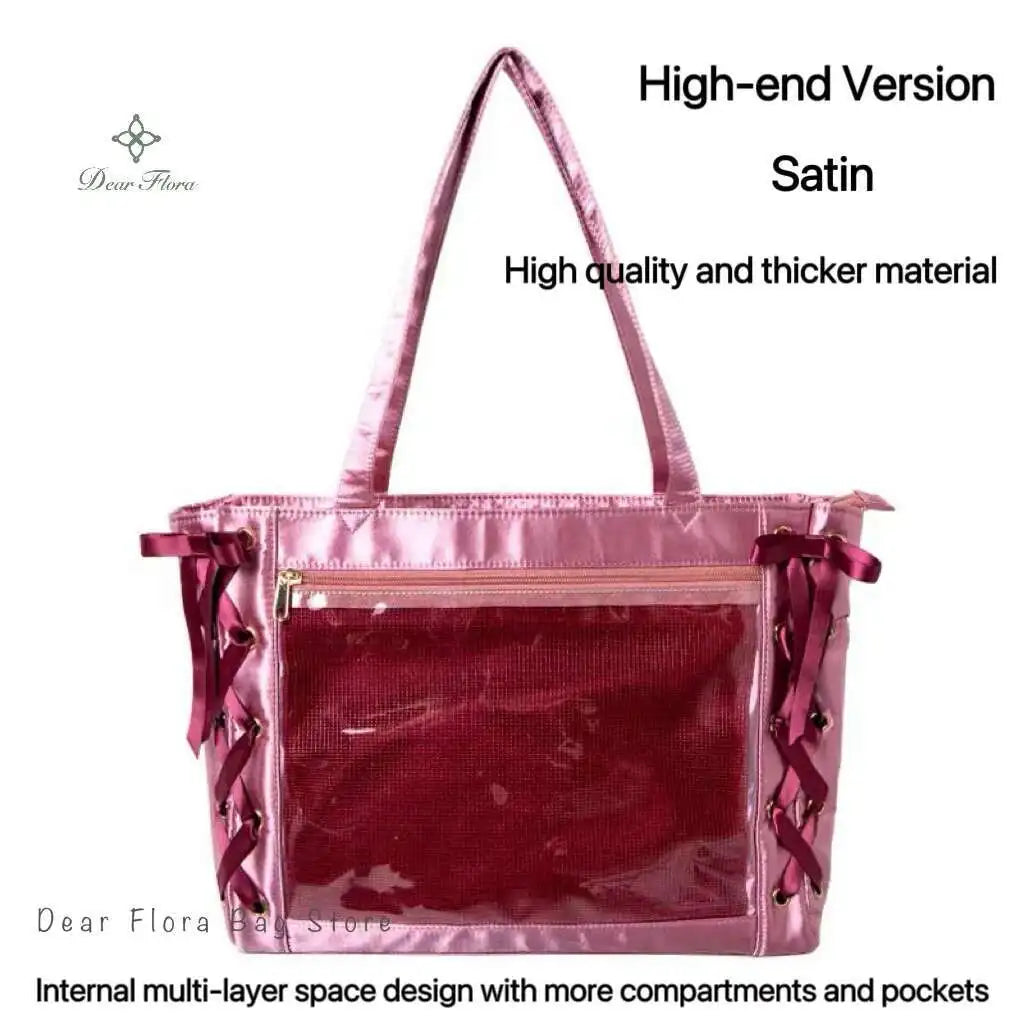Japanese Sweet Women Ribbon Ita Bag Cute Lolita Girl Transparent Handbags Fashion Large Capacity Tote Bag Aesthetic Shoulder Bag