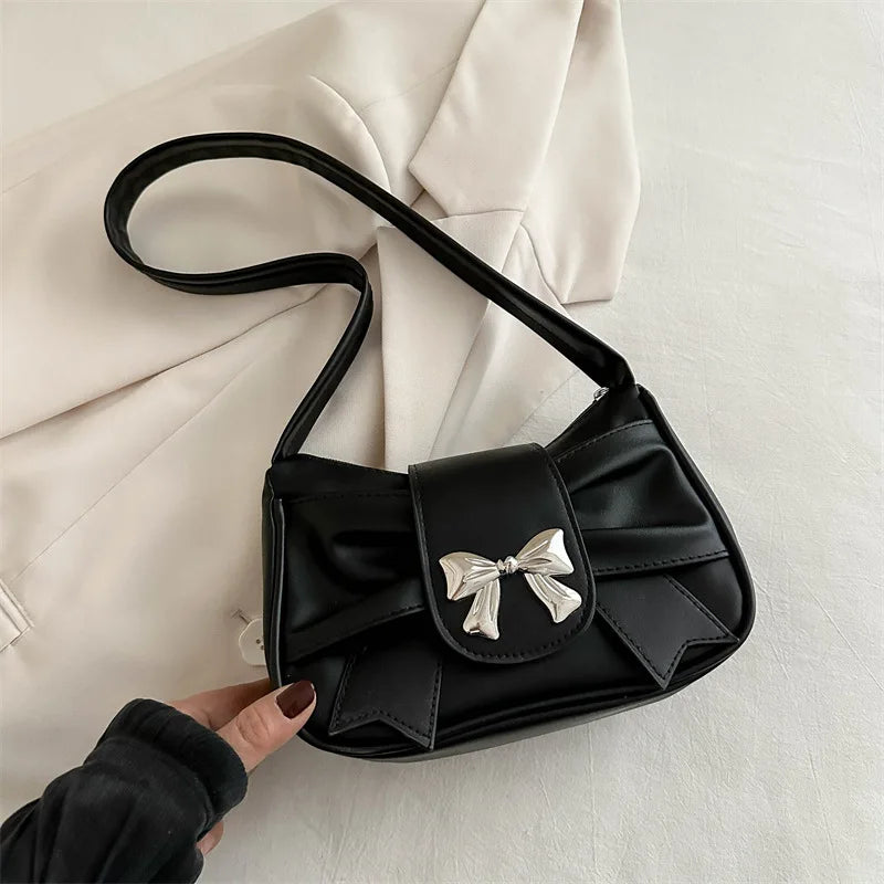 Sweet Bow Small Underarm Bag for Women Fashion PU Leather Ladies Portable Shoulder Bags Solid Color Female Clutch Handbags