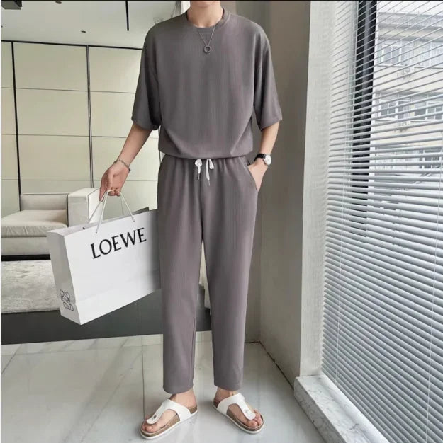 男士冰絲運動套裝夏季薄款2024新款休閒長褲短袖T卹速乾套裝