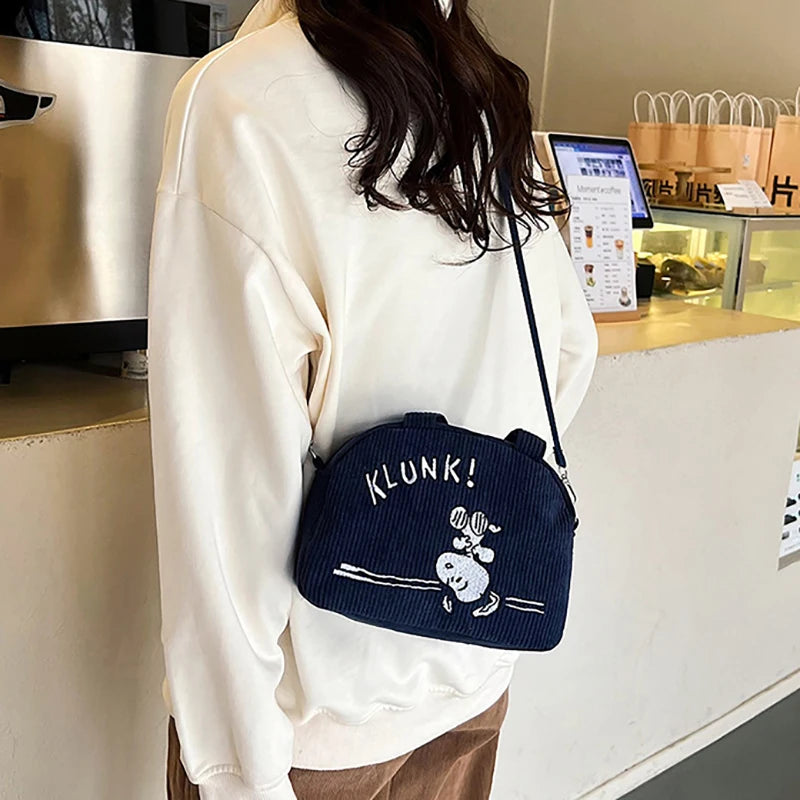 Corduroy Cartoon Shoulder Bag Cute Embroidered Handbag Women's Casual Crossbody Bag Adjustable Shoulder Straps