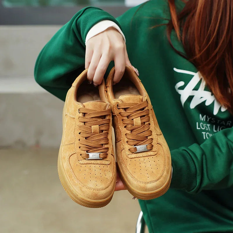 Autumn Brown Strings Sport Basketball Casual Sneakers High-top Canvas Shoe Lace-up Fashion Flat Round Wheat Color Sholeaces