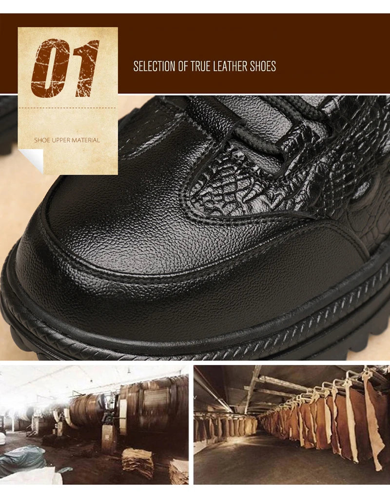 Men Genuine Leather Crocodile Print Sneakers Men's Casual Shoes Luxury British Fashion Leather Shoes Wool Inside Warm Snow Boots