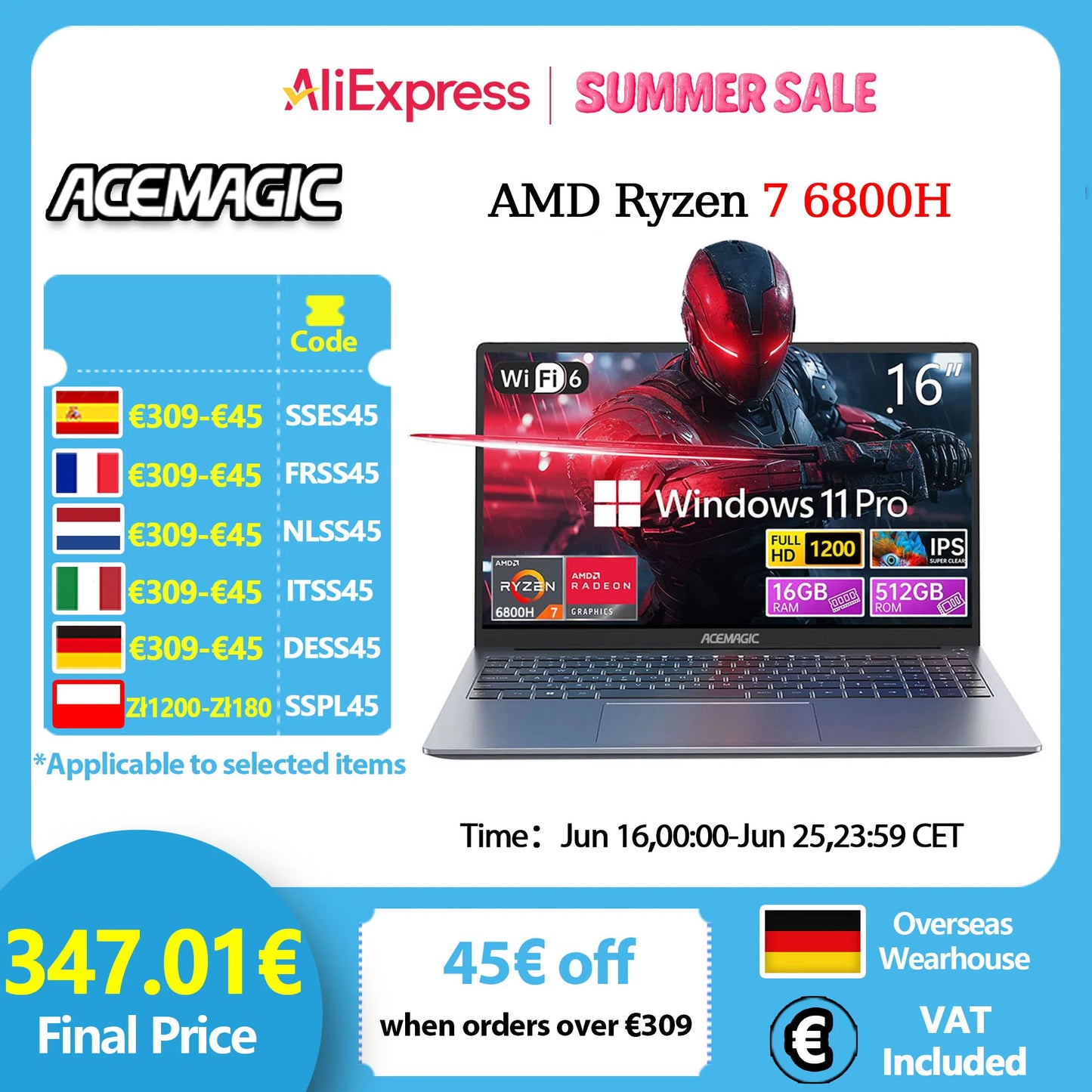ACEMAGIC ‎RX16 AMD Ryzen 7 6800H 16.1" Ultra Slim 4400MAH Laptop 16GB LPDDR5 RAM 512GB ROM Windows 11Pro BT5.2 Wifi 6 Notebook