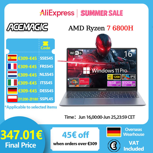ACEMAGIC ‎RX16 AMD Ryzen 7 6800H 16.1" Ultra Slim 4400MAH Laptop 16GB LPDDR5 RAM 512GB ROM Windows 11Pro BT5.2 Wifi 6 Notebook