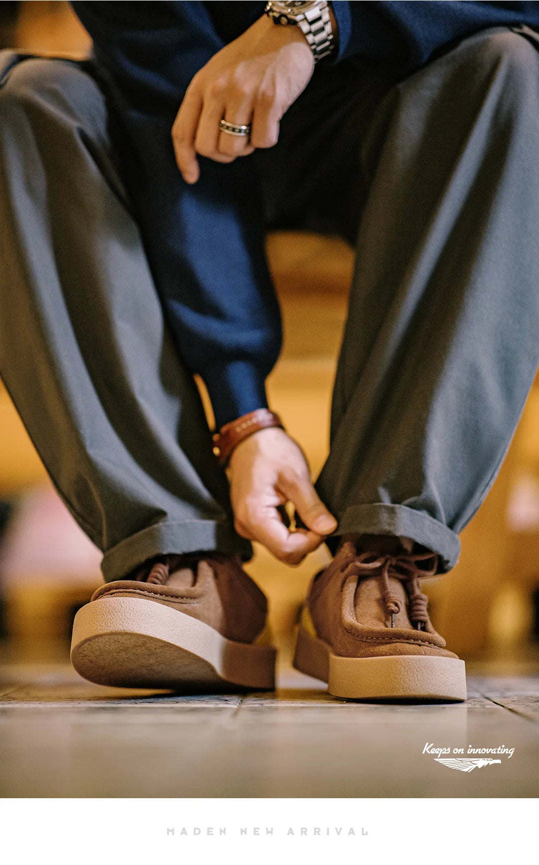 Maden Vintage Thick-Soled Patchwork Leather Shoes Low-Cut Casual Ankle Boots Versatile Dress Shoes for Men's Autumn and Winter