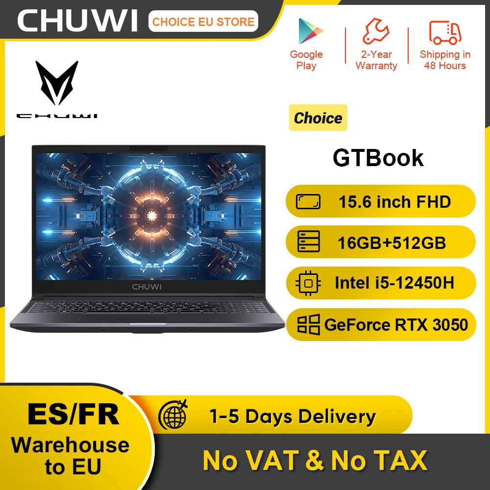 CHUWI GTBook Laptop Intel i5-12450H RTX 3050 15.6 Inch 144Hz 16GB DDR4 512GB SSD Windows 11 Pro WIFI 6 M.2 Up To 1T RJ45*1