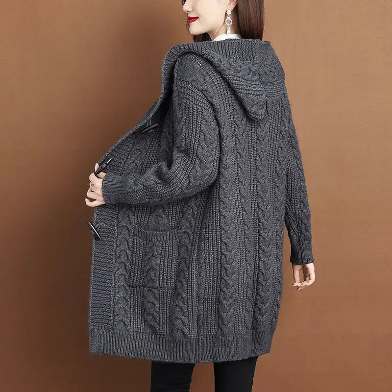 2024 Autumn Winter Thicken Sweaters5XL Large Size New Fashion Hooded Knitted Outerwear Women's Cardigan Sweater Knitting Jacket