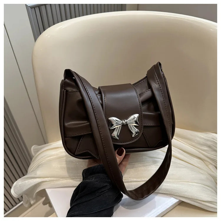 Sweet Bow Small Underarm Bag for Women Fashion PU Leather Ladies Portable Shoulder Bags Solid Color Female Clutch Handbags
