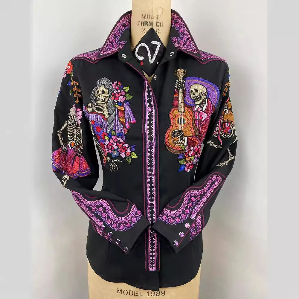 Women Vintage Print Long Sleeve Button Down Slim Shirt 2024 Spring Lady Retro Blouse Tops