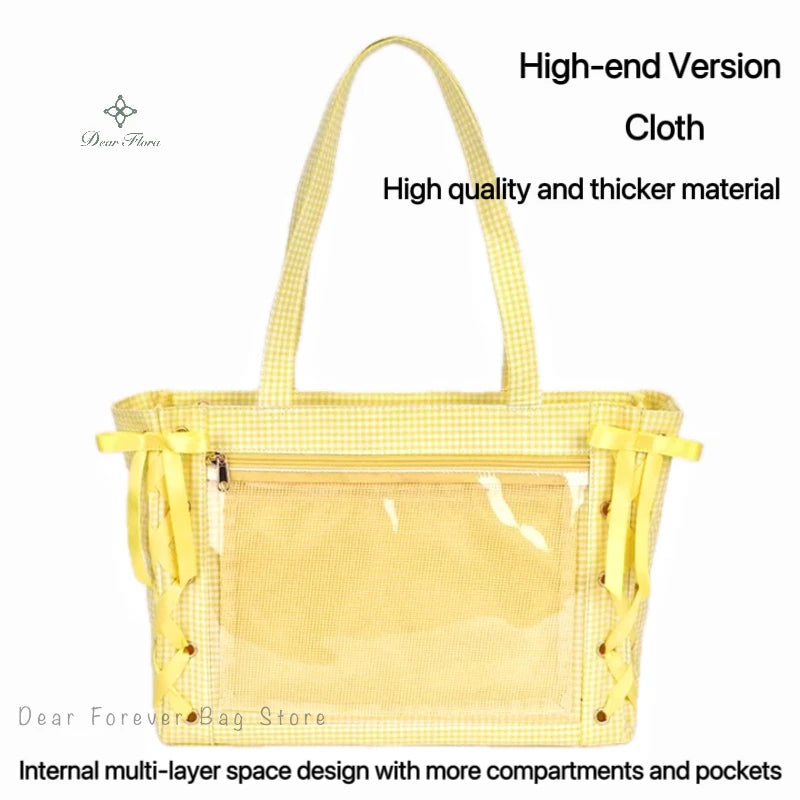Japanese Sweet Women Ribbon Ita Bag Cute Lolita Girl Transparent Handbags Fashion Large Capacity Tote Bag Aesthetic Shoulder Bag