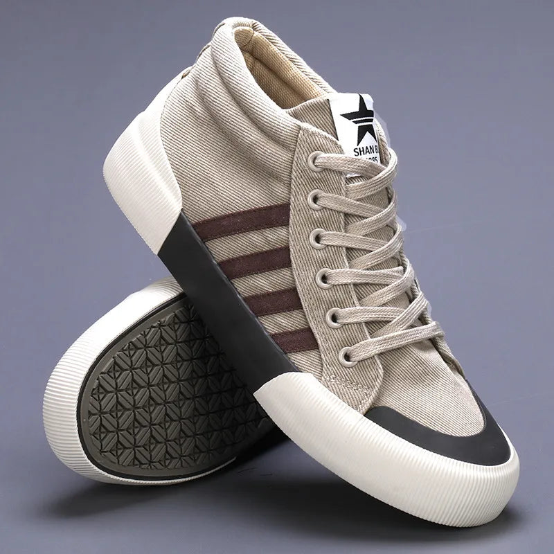 Spring Classic Stripes Black Canvas Sneakers Men Comfort High Top Skate Shoes Men Espadrilles Non-Slip Flat Vulcanized Shoes Men