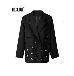 EAM Black Color-block Sequins Big Size Blazer Women New Lapel Long Sleeve Jacket Fashion Tide Spring Autumn 2025 CPG1490