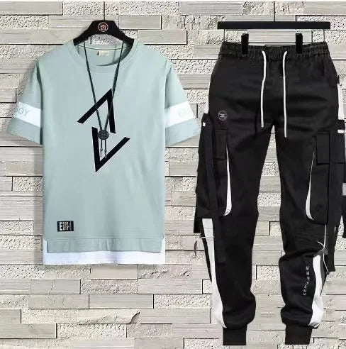 男士夏季薄款短袖休閒褲運動套裝寬鬆半袖T卹一件套中國大陸產