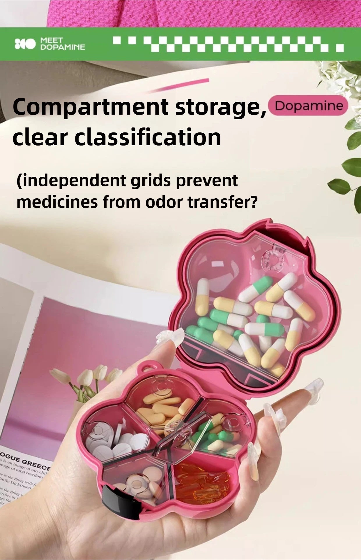 Portable, sealed, multi-functional, portable medicine box, dopamine wind medicine tablets, mini flower storage box