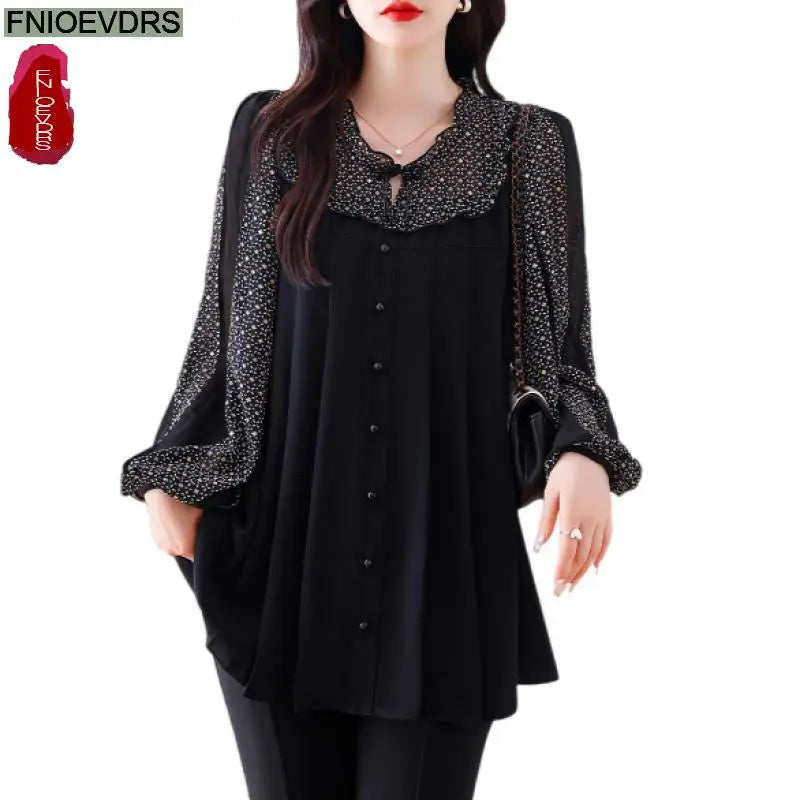 Loose Clothes Women 2024 Autumn Elegant Office Lady Casual Button Shirts Fake Two Piece Retro Vintage Bling Tops Blouses