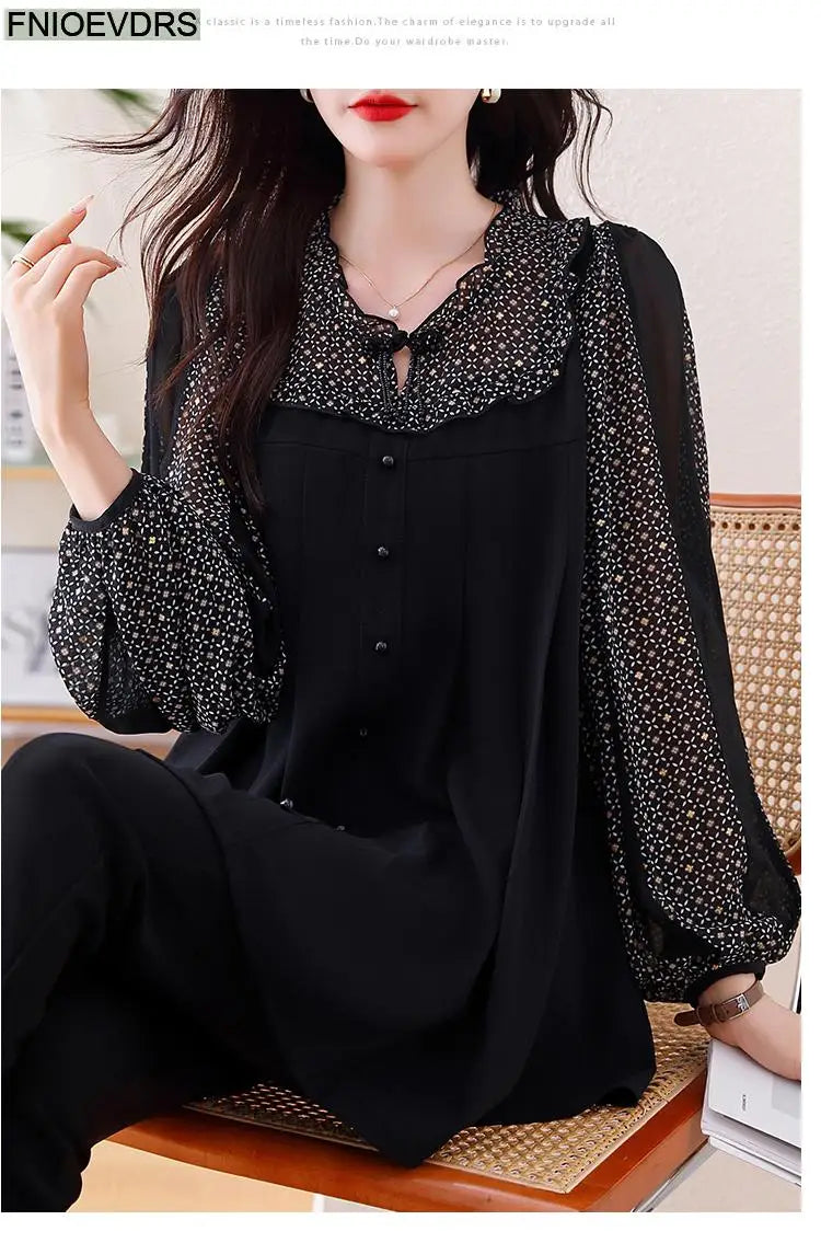 Loose Clothes Women 2024 Autumn Elegant Office Lady Casual Button Shirts Fake Two Piece Retro Vintage Bling Tops Blouses