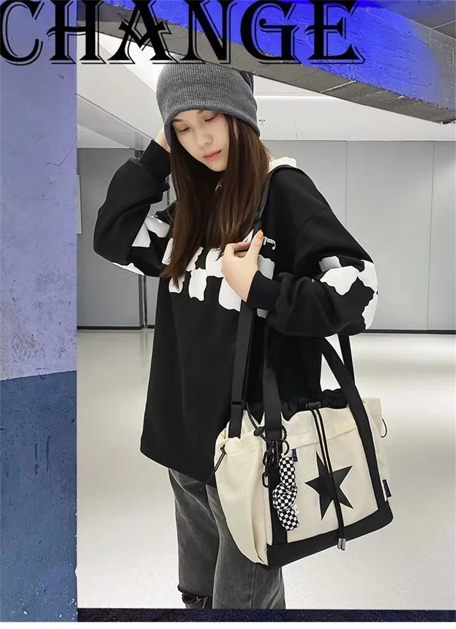 Personality Women Crossbody Bag Y2K Style Large Capacity Couple Shoulder Bag New Casual Nylon Tote Bag Luxury Drawstring Handbag