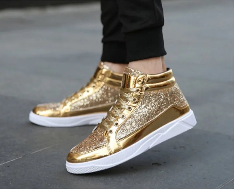 Men's Boots Nightclubs Fashiona Sequins With Diamonds Gold Leather Boots Trendy High Top Sports Casual Shoes Large Size 38-48