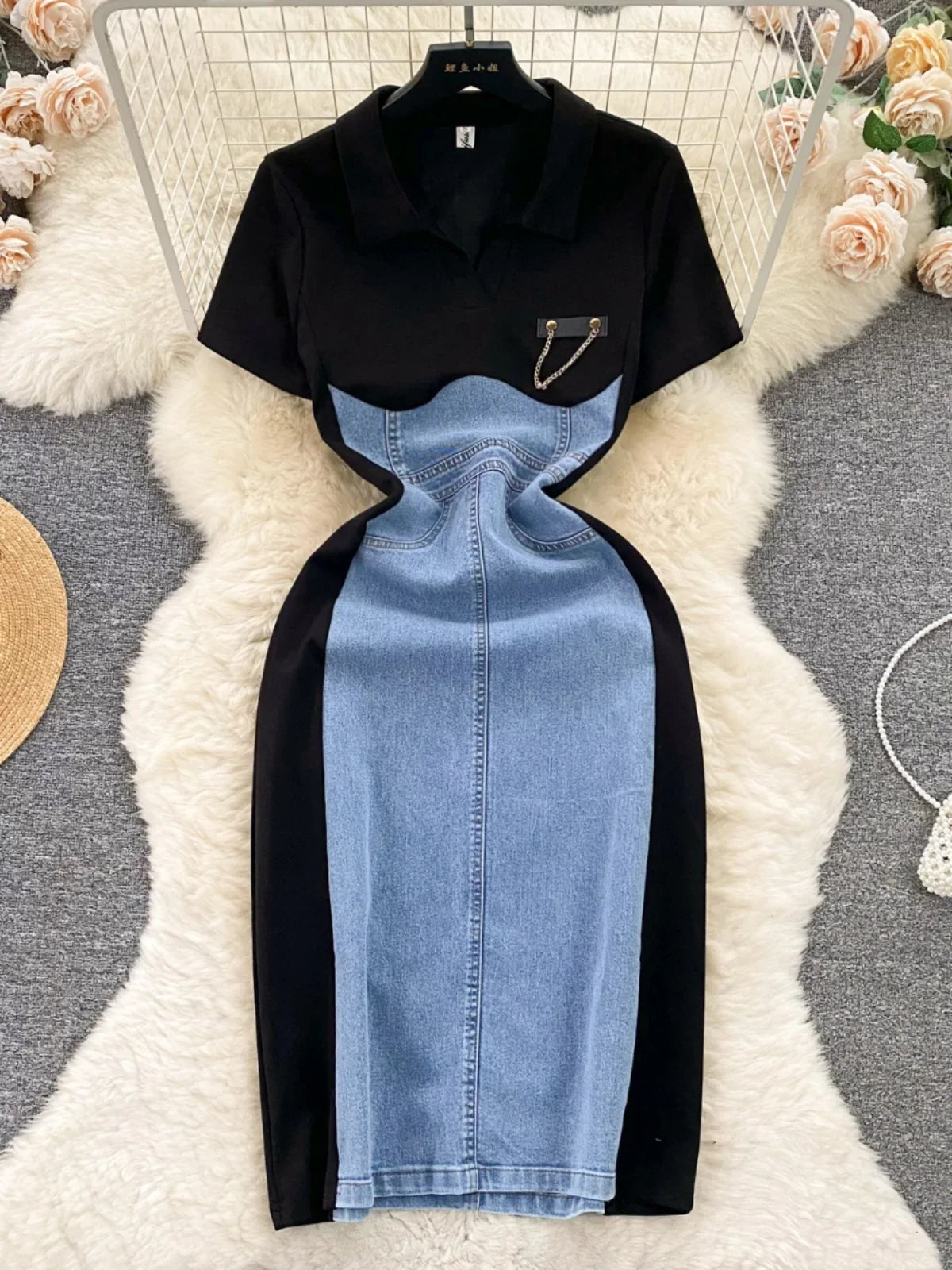High Waist Bodycon Vestidos Mujer Women 2025 Dresses Contrast Fake Two Piece Dress Casual Fashion Vestido Temperament Robes
