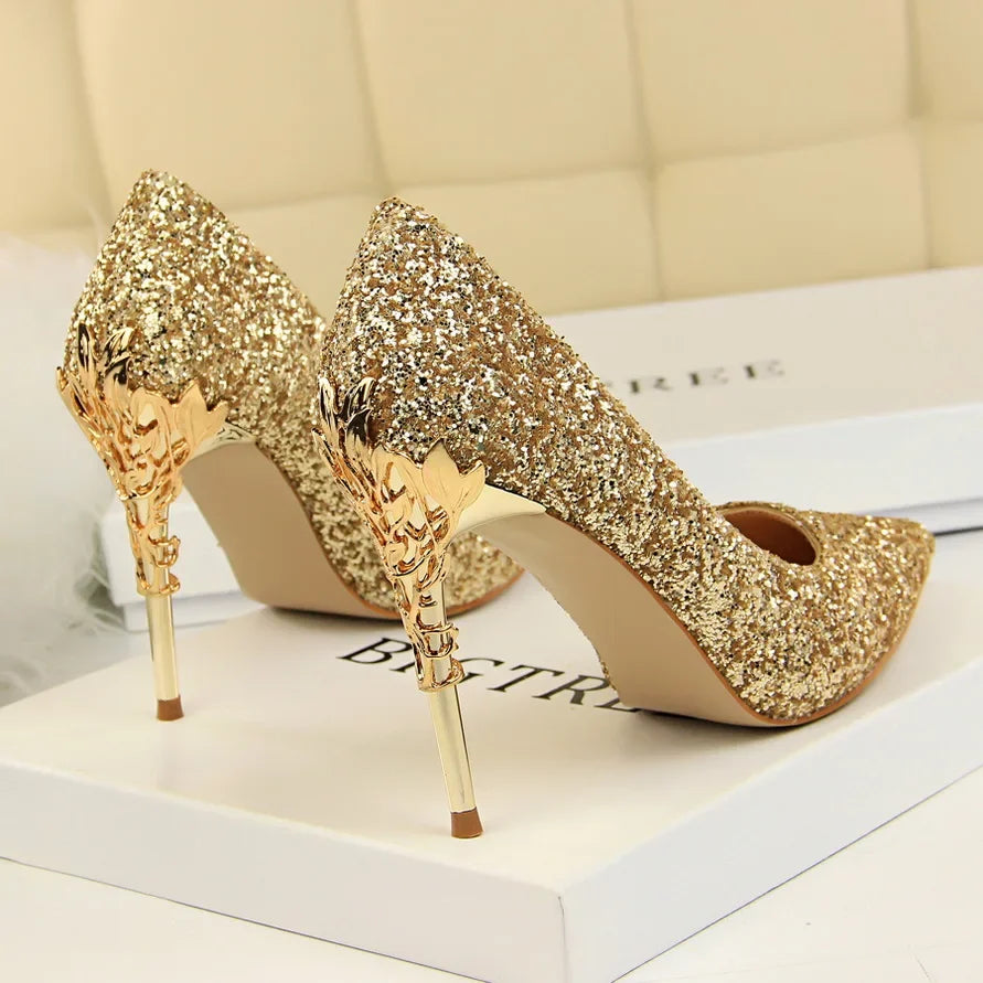 Women 9.5cm High Heels Pumps Lady Wedding Bridal Gold Silver Stiletto Heels Nightclub Event Party Sparkly Sequins Bling Shoes