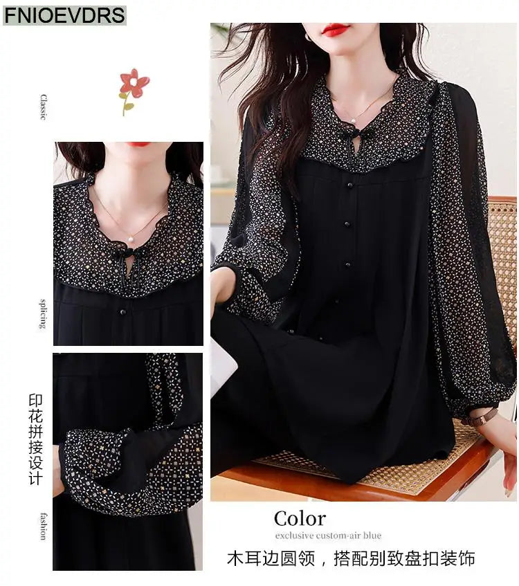 Loose Clothes Women 2024 Autumn Elegant Office Lady Casual Button Shirts Fake Two Piece Retro Vintage Bling Tops Blouses