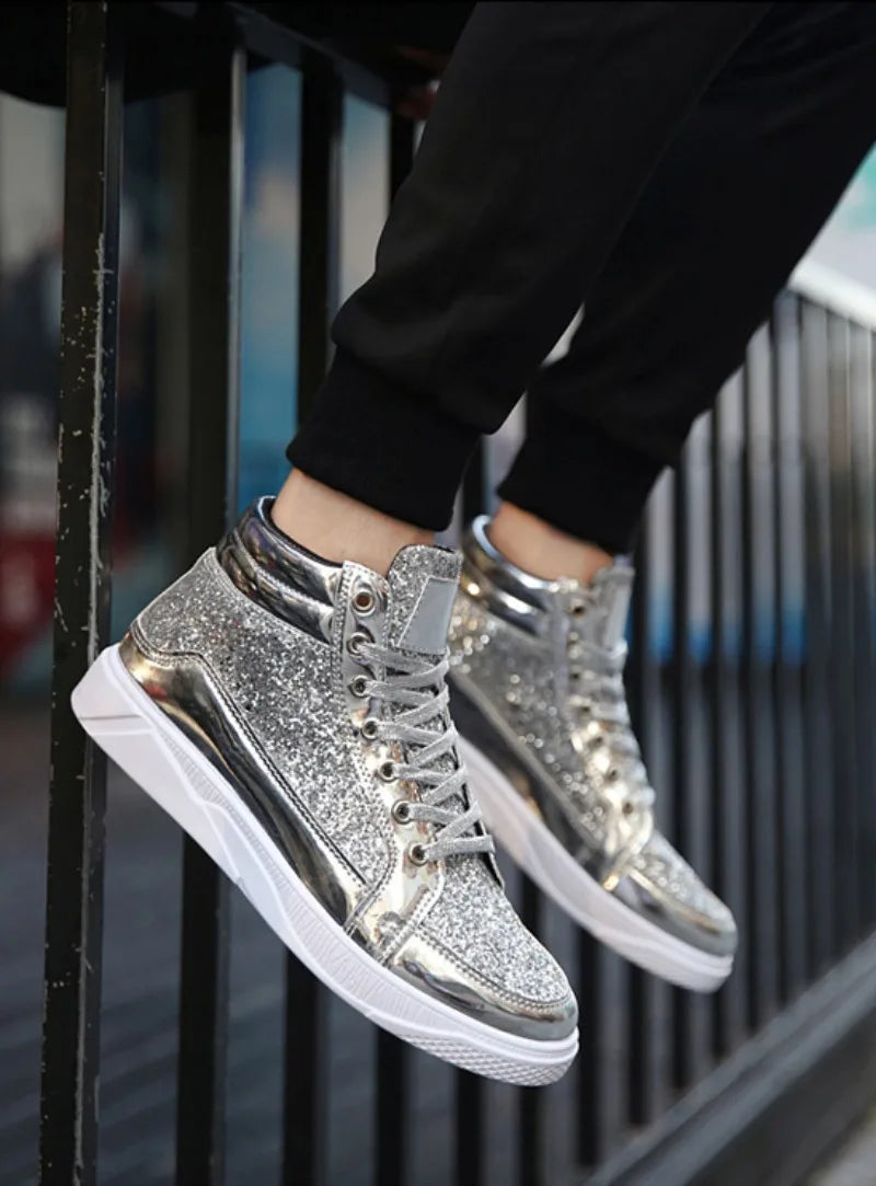 Men's Boots Nightclubs Fashiona Sequins With Diamonds Gold Leather Boots Trendy High Top Sports Casual Shoes Large Size 38-48
