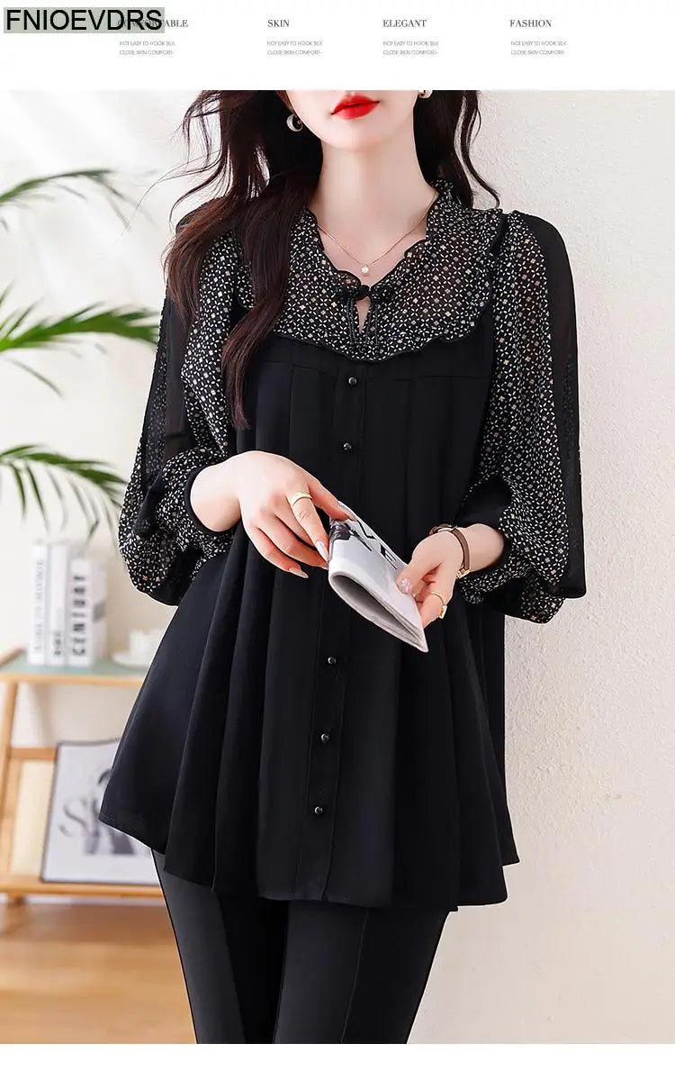 Loose Clothes Women 2024 Autumn Elegant Office Lady Casual Button Shirts Fake Two Piece Retro Vintage Bling Tops Blouses