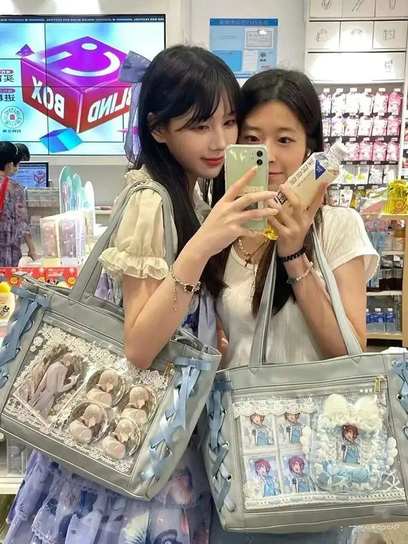 Japanese Sweet Women Ribbon Ita Bag Cute Lolita Girl Transparent Handbags Fashion Large Capacity Tote Bag Aesthetic Shoulder Bag