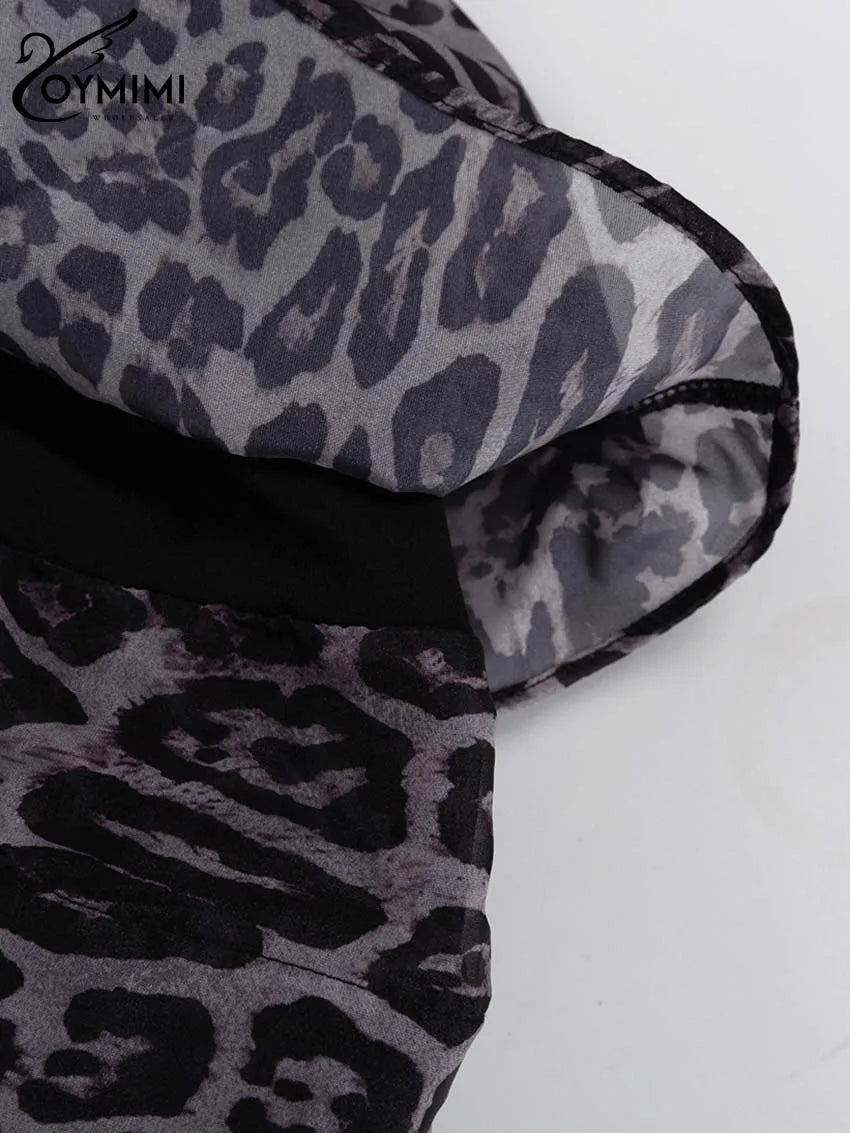 Oymimi Fashion Brown Leopard Print Women's Dress Elegant Long Sleeve Buton Lace-Up Dresses Casual Cascading Ruffle Mini Dresses