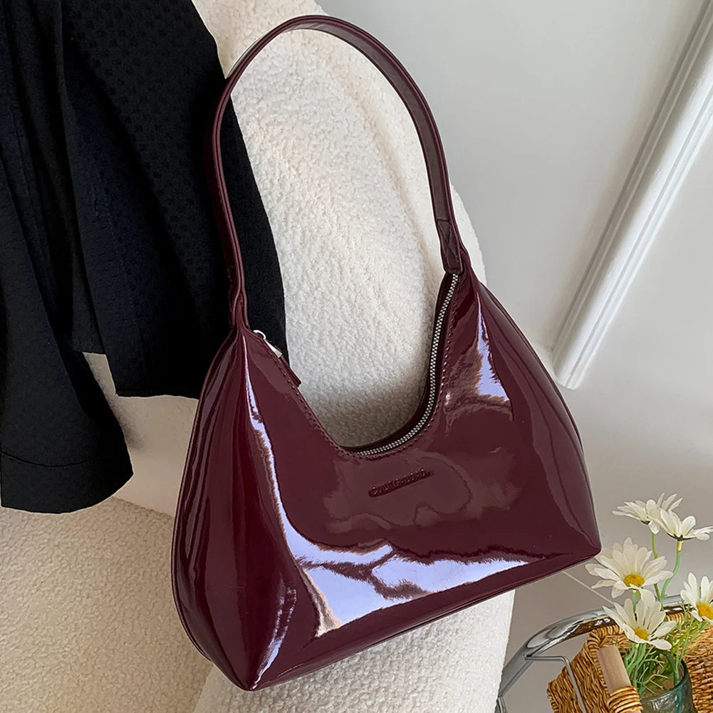 Women Patent Leather Tote Bag Versatile Fashion Shoulder Bag Casual Satchel Hobo Bag Underarm Bag Girl Zipper Small Handbags