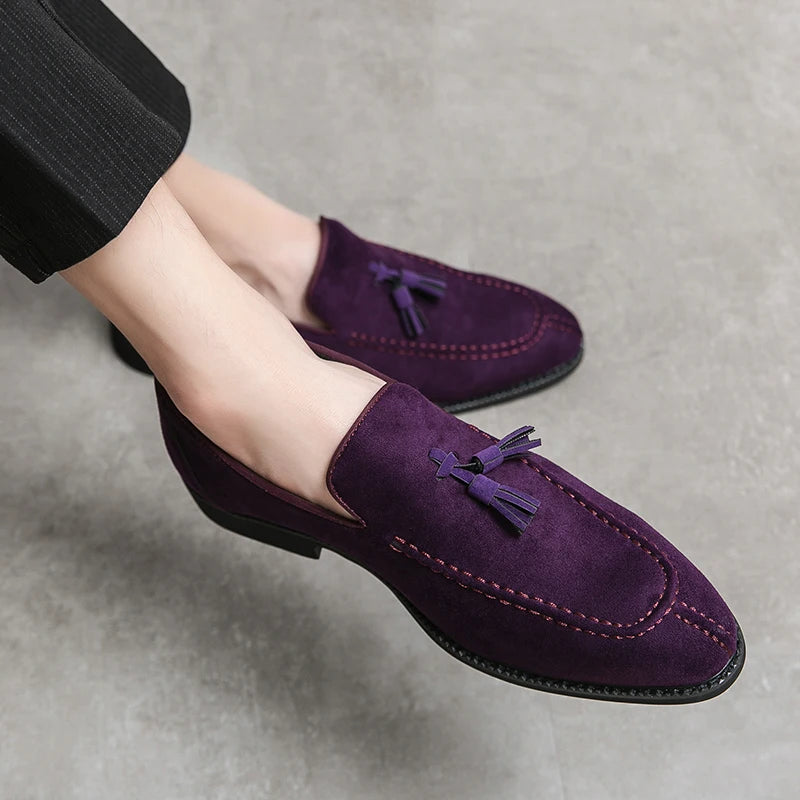 Brand Design Men Suede Leather Shoes Moccasins Purple Tassel Pointed Men's Loafers Vintage Slip-on Casual Men Social Dress Shoe