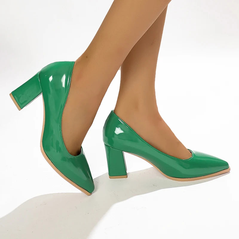 Women Shoes Green Chunky Heel High Heels Sexy Pointed Toe 7Cm Pumps Wedding Dress Shoes Rubber Bottom High Heels Ladies