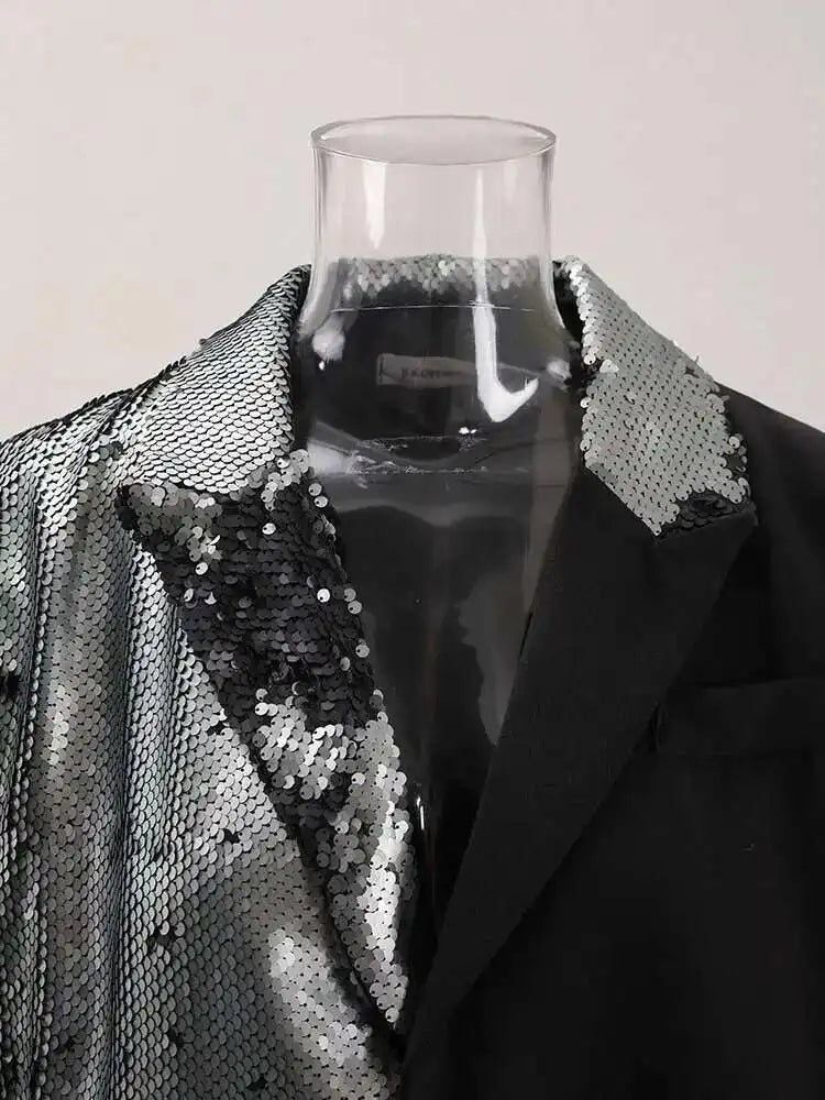 EAM Black Color-block Sequins Big Size Blazer Women New Lapel Long Sleeve Jacket Fashion Tide Spring Autumn 2025 CPG1490