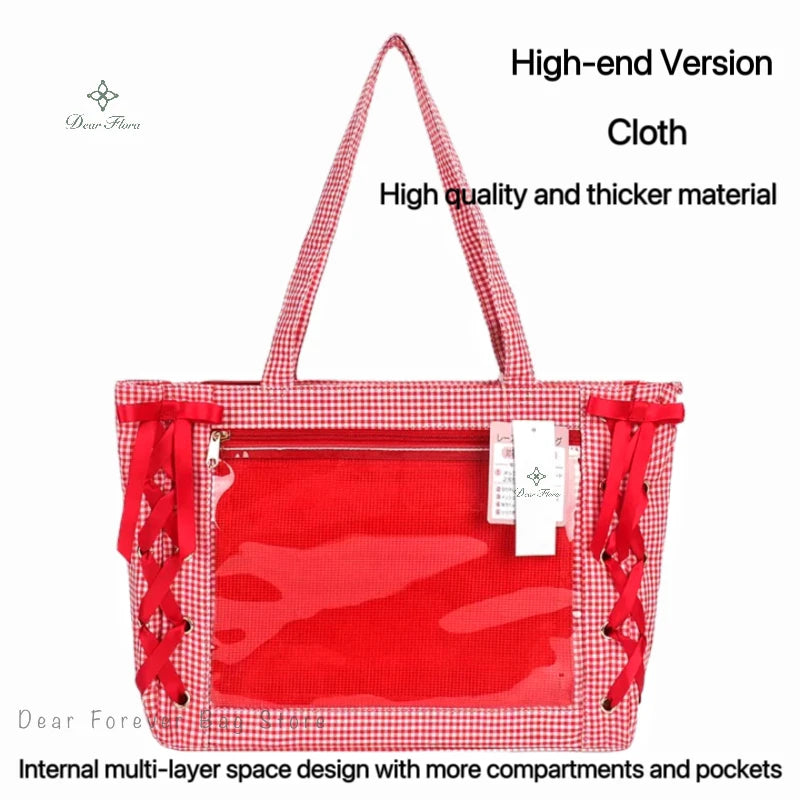 Japanese Sweet Women Ribbon Ita Bag Cute Lolita Girl Transparent Handbags Fashion Large Capacity Tote Bag Aesthetic Shoulder Bag