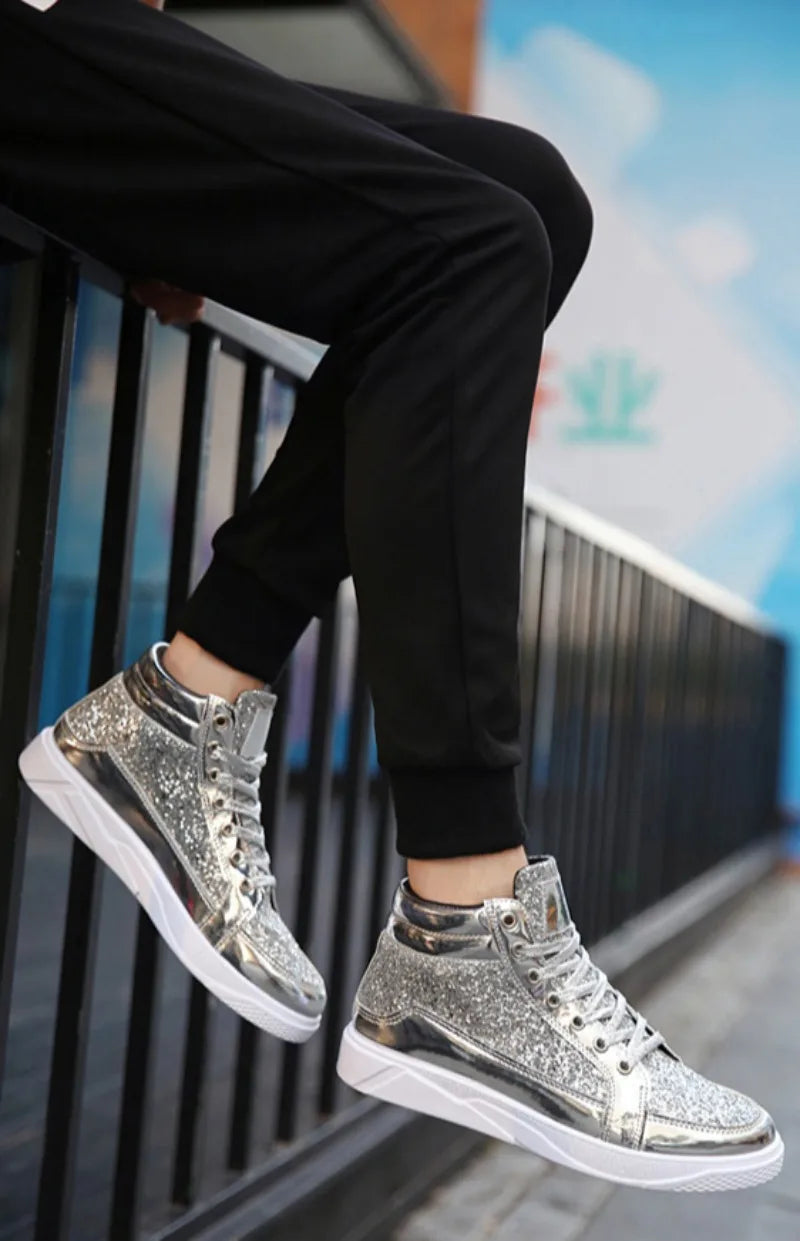 Men's Boots Nightclubs Fashiona Sequins With Diamonds Gold Leather Boots Trendy High Top Sports Casual Shoes Large Size 38-48