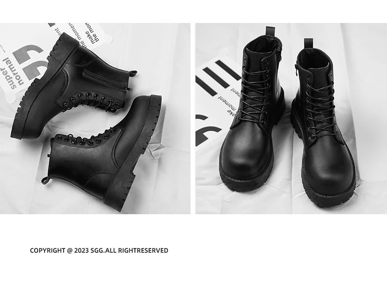 Couple's casual boots four season men's and women's high top leather boots fashion thick soled non slip plus size outdoor boots