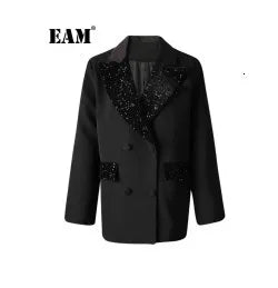 EAM Black Color-block Sequins Big Size Blazer Women New Lapel Long Sleeve Jacket Fashion Tide Spring Autumn 2025 CPG1490