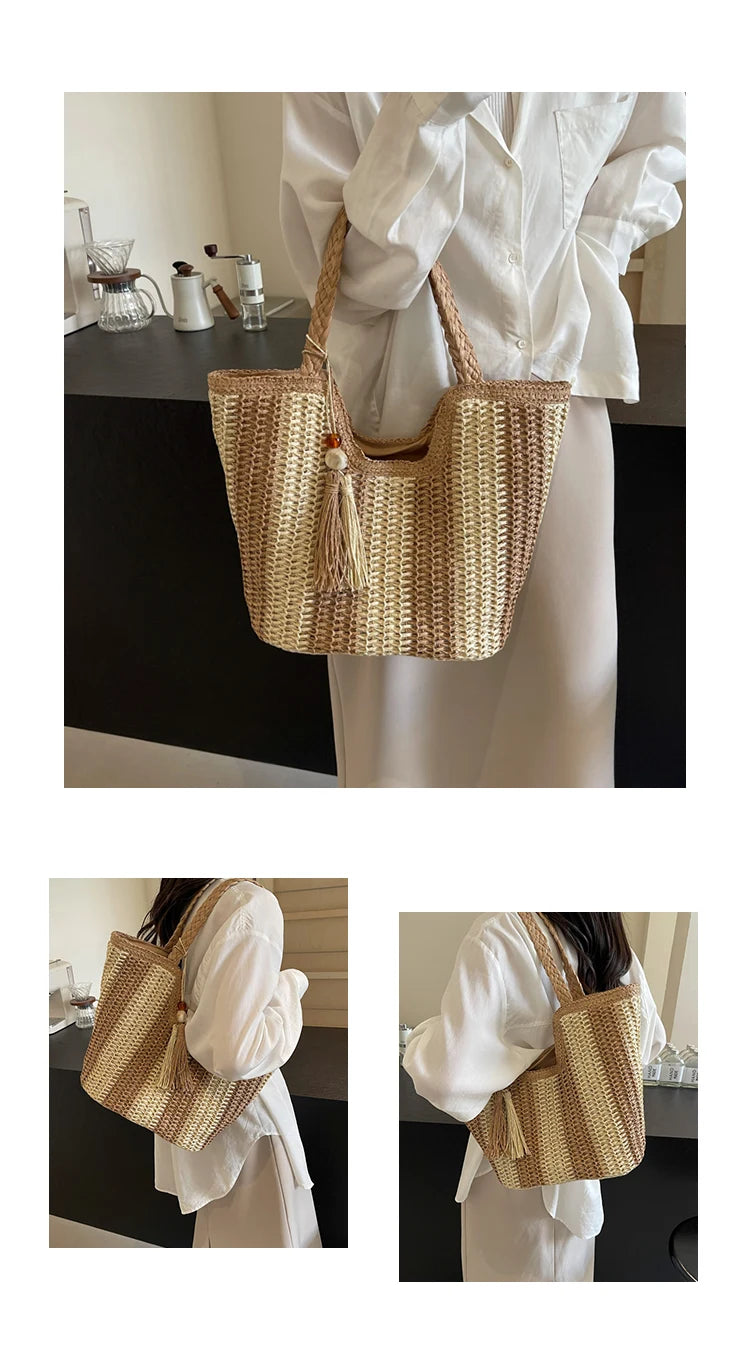 Leisure grass woven bag for women with large capacity, 2024 new summer single shoulder commuting woven bag, beach bag