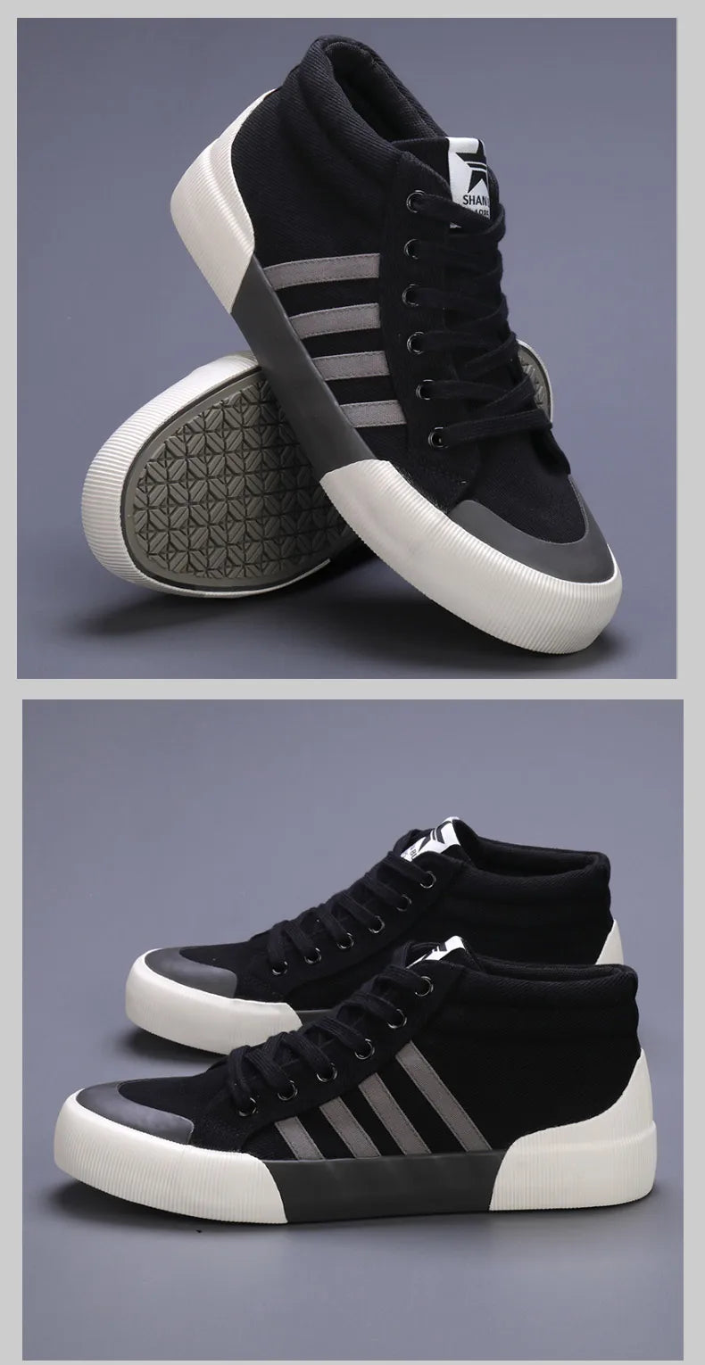 Spring Classic Stripes Black Canvas Sneakers Men Comfort High Top Skate Shoes Men Espadrilles Non-Slip Flat Vulcanized Shoes Men
