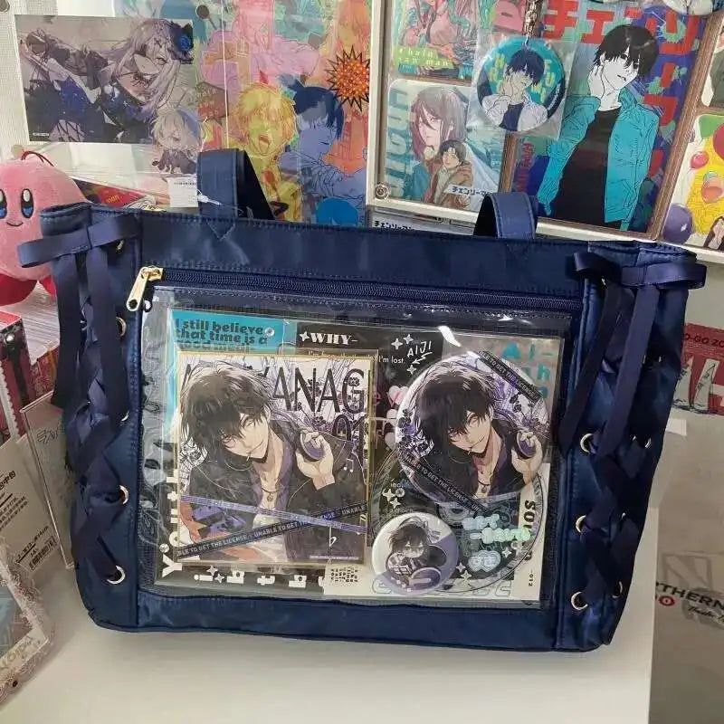 Japanese Sweet Women Ribbon Ita Bag Cute Lolita Girl Transparent Handbags Fashion Large Capacity Tote Bag Aesthetic Shoulder Bag