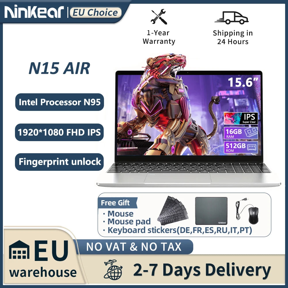 Ninkear N15 Air Laptop 15,6" IPS 1080P IPS Intel N95 3.4Ghz 16GB RAM 512GB SSD General Use Productivity Windows 11 pro Notebook