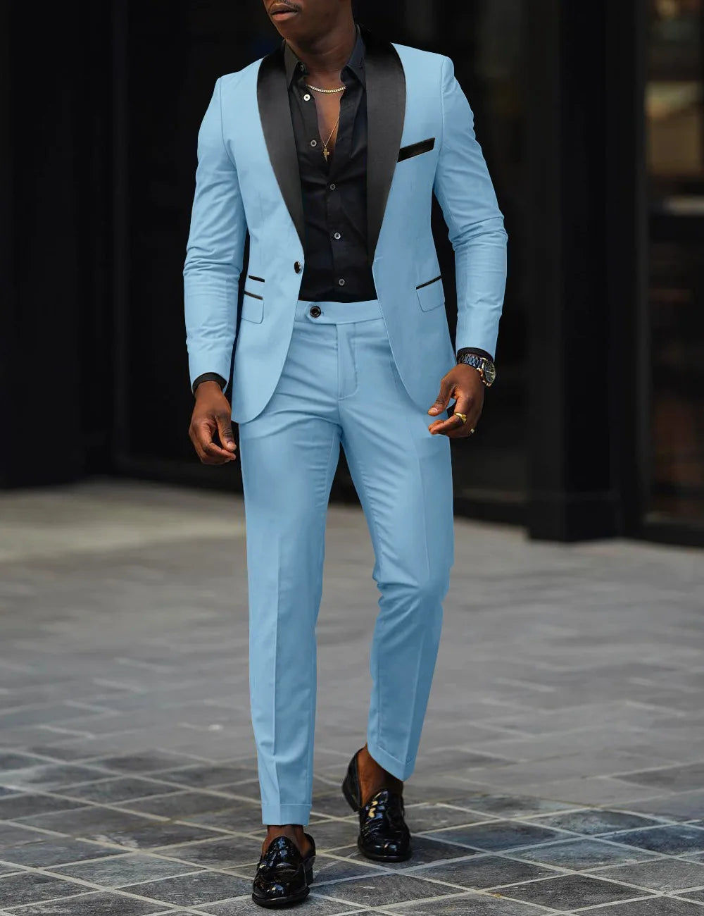 男士新款時尚商務休閒兩件式舒適透氣修身側開叉單扣西裝外套+褲子